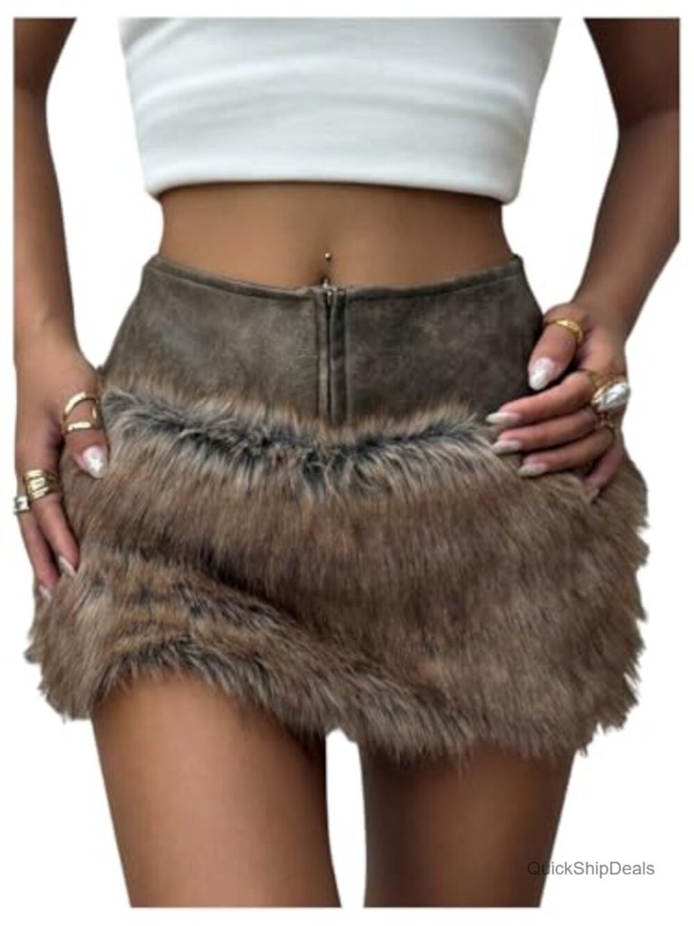 Women's Faux Fur PU Leather Micro Mini Skirt Y2k Bodycon Low Rise Rave Party